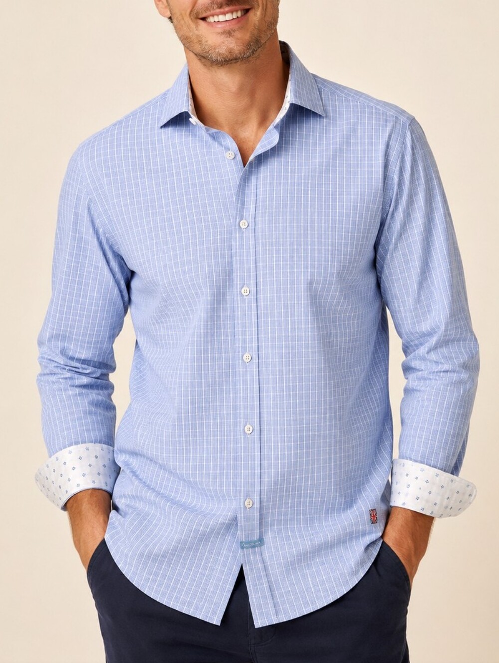 English Laundry Mens Blue Grid Check Dress Shirt 16.5 32/33 Cotton Flip Cuff